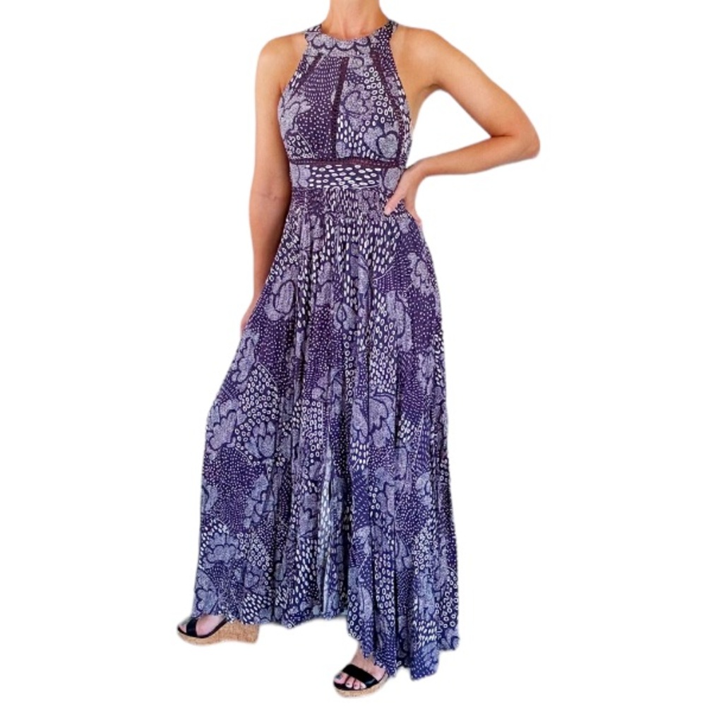 Abel the Label purple white abstract floral cut out backless maxi dress XS